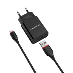 Borofone hálózati töltőfej lightning kábellel, BA20A, 1XUSB, 2A, fekete