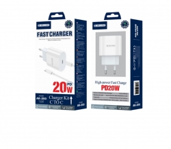 Jellico hálózati töltőfej 1XType-C + C-C kábel, 20W, 1M, AK200, fehér