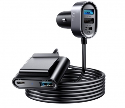 Joyroom autós töltő hosszabbító kábellel, 2XType C, 3XUSB, 72W, JR-CL05, fekete