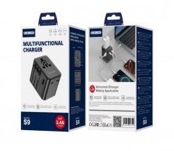 Jellico univerzális adapter, PD, 2XType c, 1XUSB, 2500W, S9, fekete