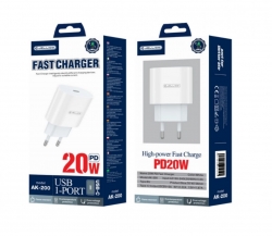 Jellico hálózati töltőfej 1XType-C, 20W, 1M, AK200, fehér