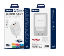 Jellico hálózati töltőfej, 1XType-C, 1XUSB, 120W, EC02, fehér