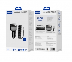 Jellico autós töltő beépített kábellel , 100W, 1XUSB, 1X Type-c, HX13, fekete